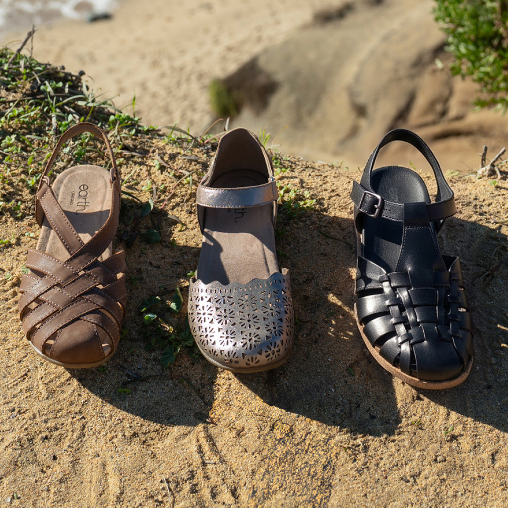 Earth Shoes sandals in brown, silver, and black